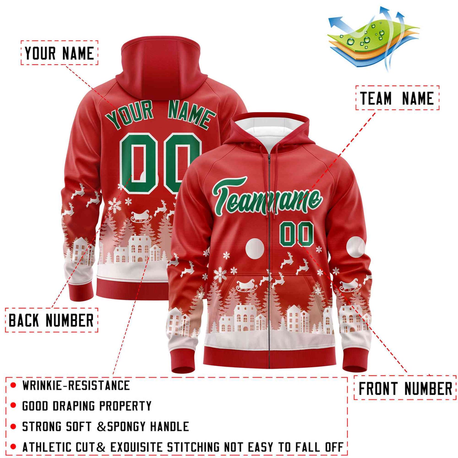 Custom Red Kelly Green Christmas Graffiti Pattern Athletic Full-Zip Hoodie
