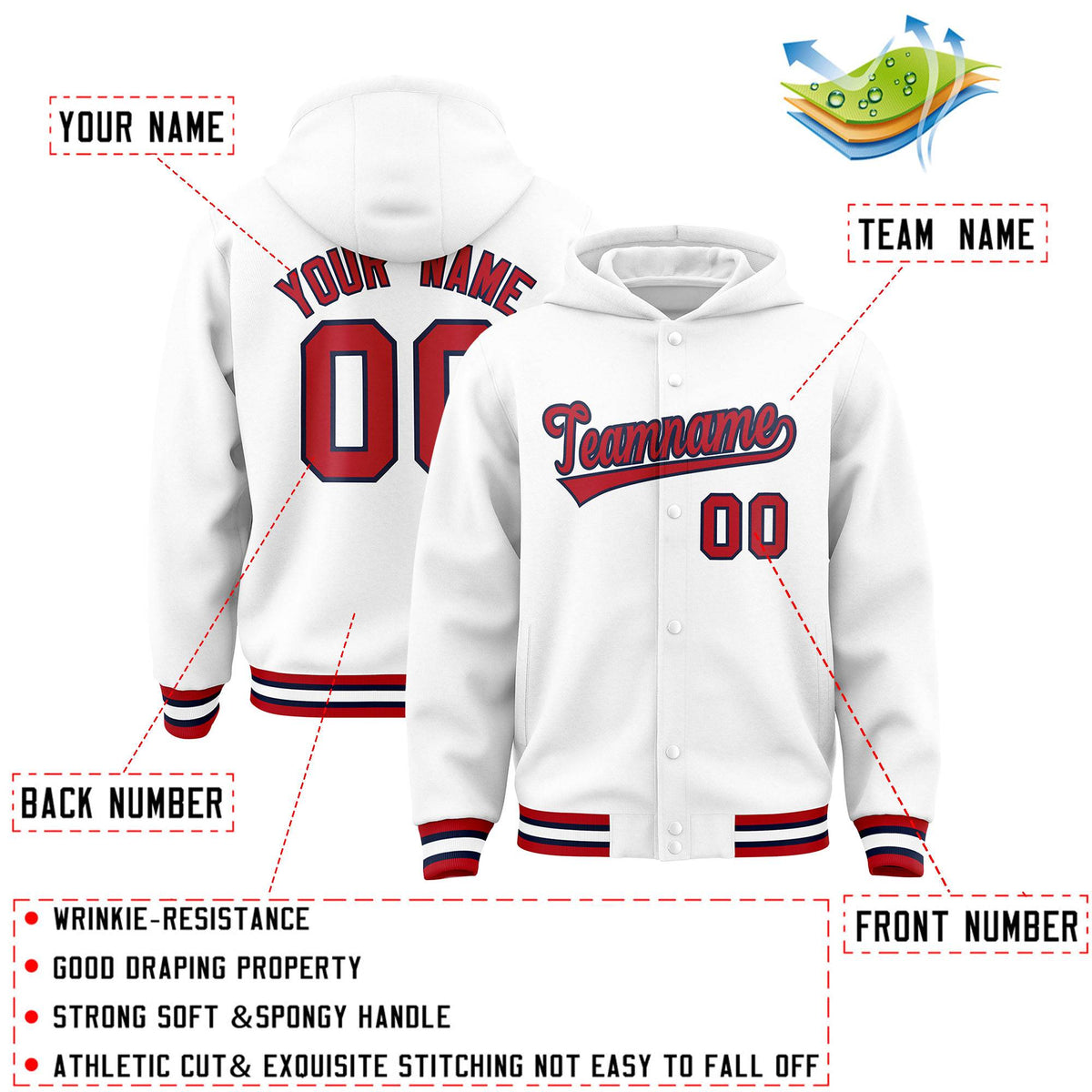 Custom White Red-Navy Varsity Full-Snap Letterman Classic Hoodie Jacket