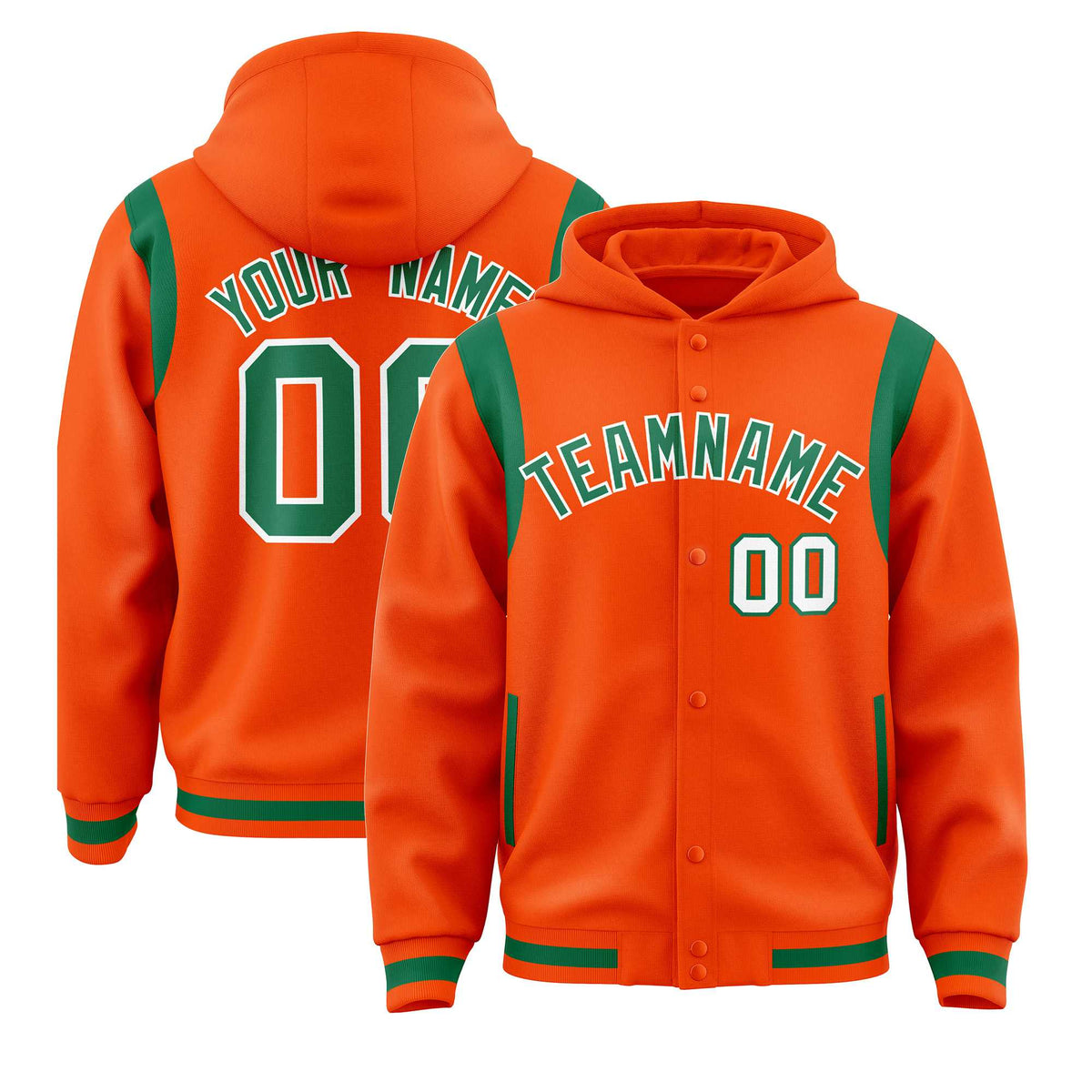 Custom Orange Kelly Green Varsity Full-Snap Letterman Shoulder Color Block Hoodie Jacket