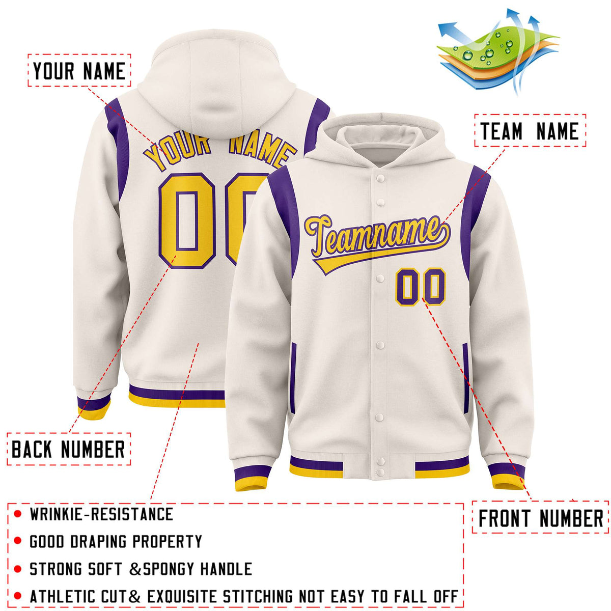 Custom Cream Gold Varsity Full-Snap Letterman Shoulder Color Block Hoodie Jacket