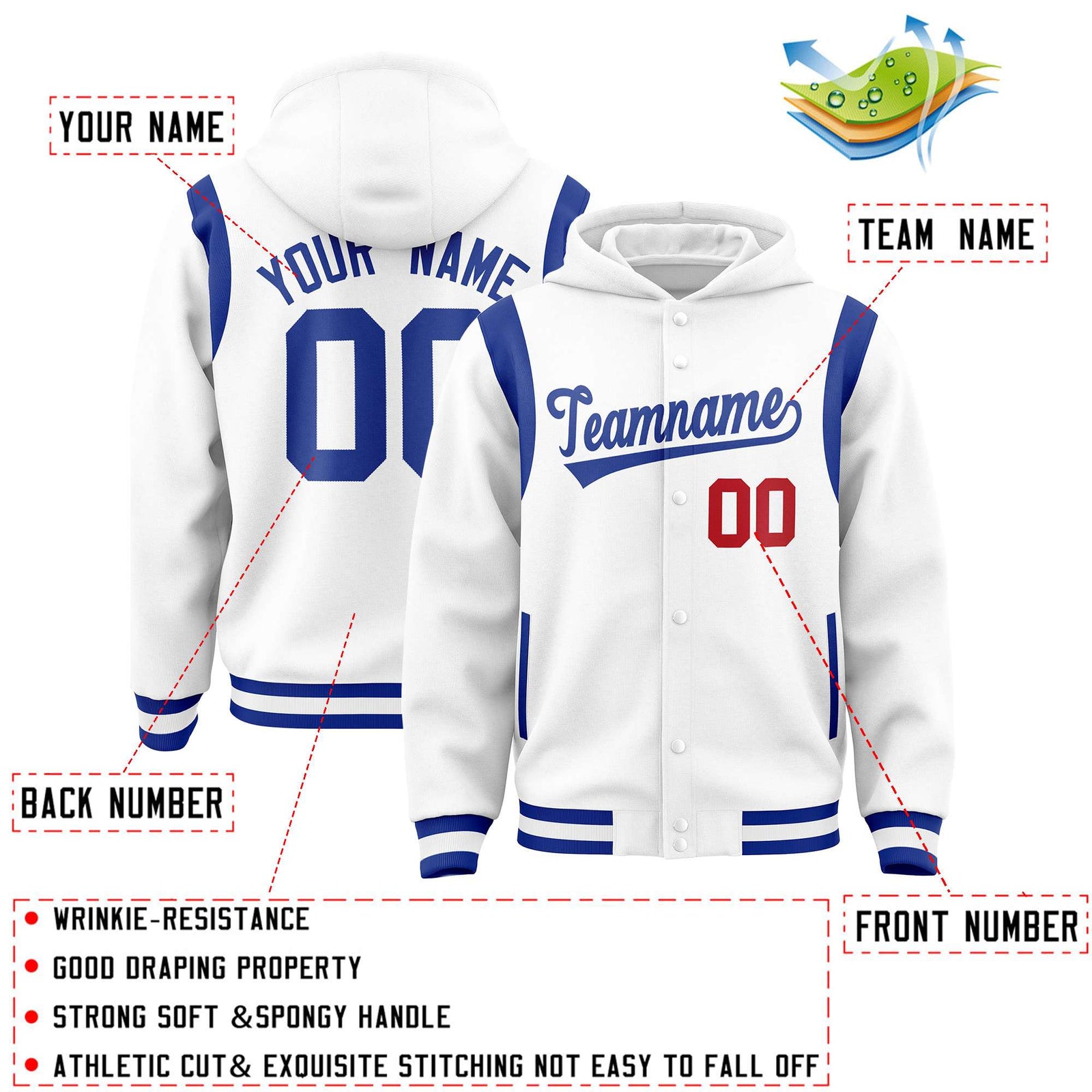 Custom White Royal Varsity Full-Snap Letterman Shoulder Color Block Hoodie Jacket