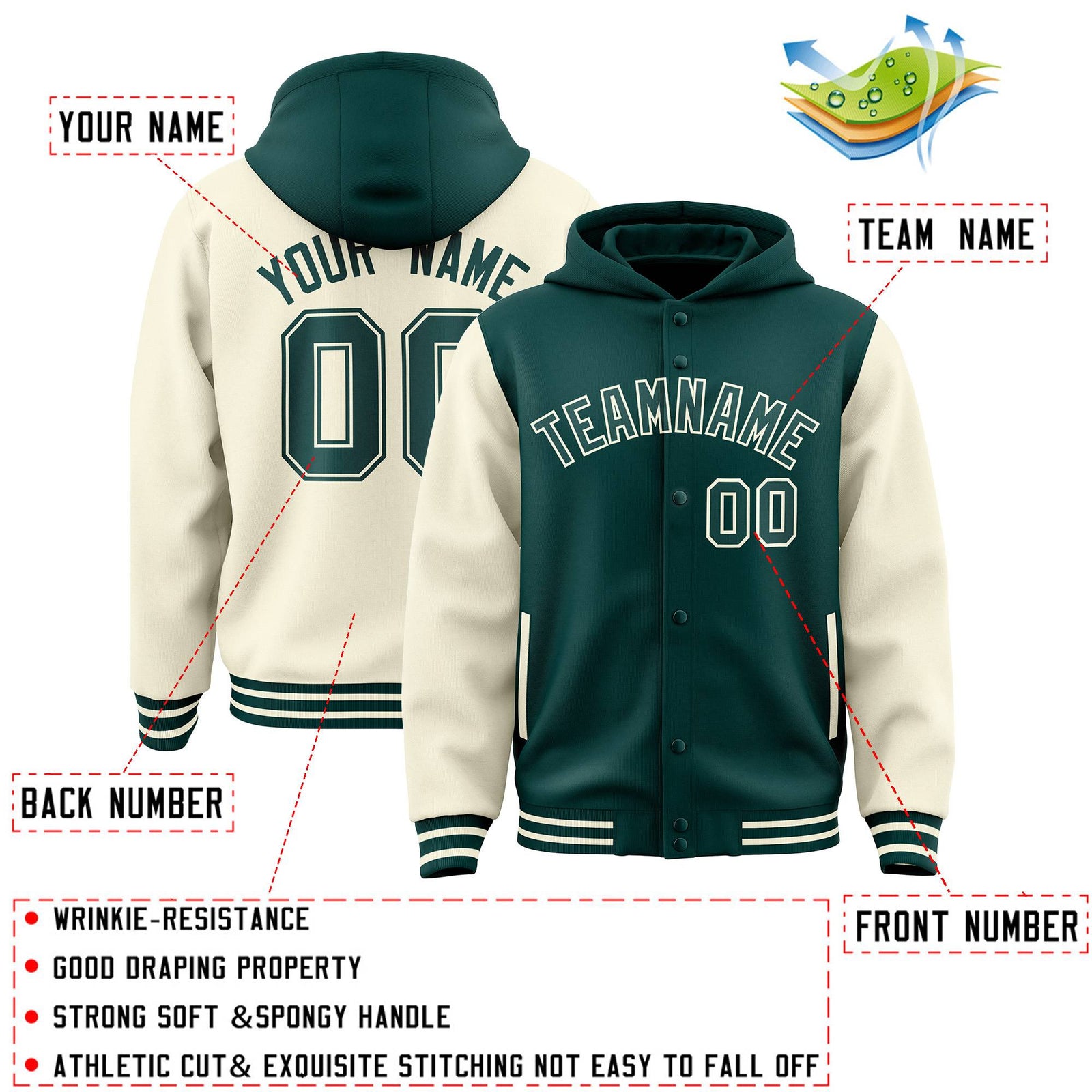 Custom Midnight Green Cream Raglan Sleeves Varsity Full-Snap Letterman Two Tone Hoodie Jacket