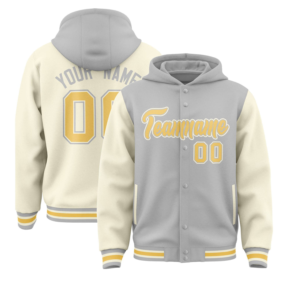 Custom Gray Cream Raglan Sleeves Varsity Full-Snap Letterman Two Tone Hoodie Jacket