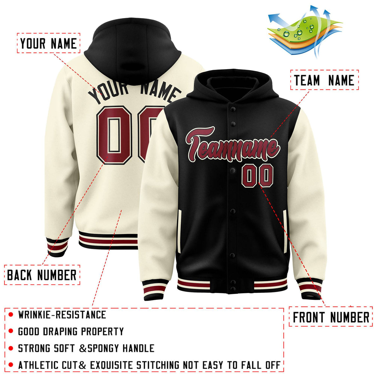 Custom Black Cream Raglan Sleeves Varsity Full-Snap Letterman Two Tone Hoodie Jacket