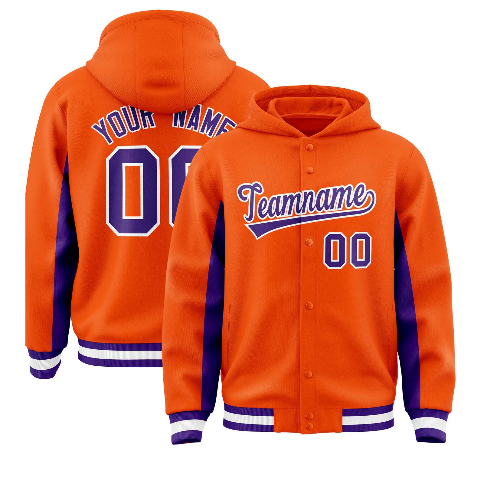 Custom Orange Purple Color Block Varsity Full-Snap Letterman Hoodie Jacket