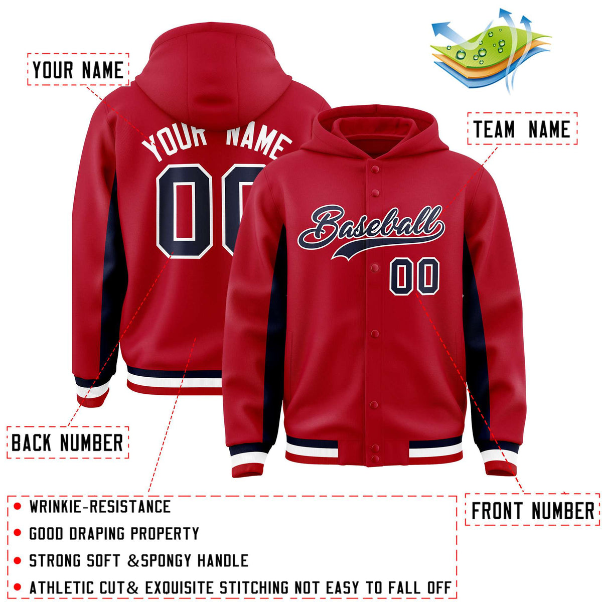 Custom Red Navy Color Block Varsity Full-Snap Letterman Hoodie Jacket
