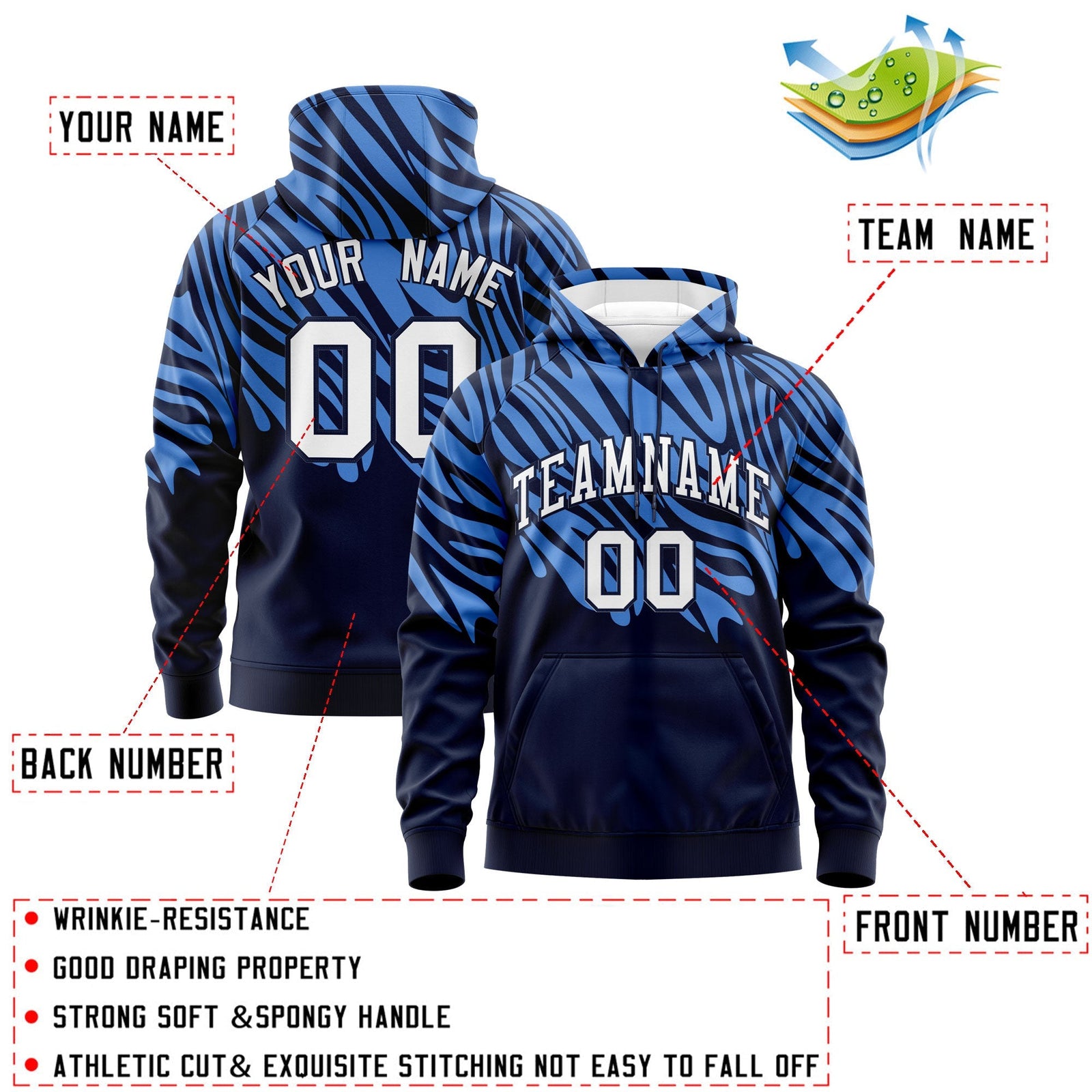 Custom Powder Blue Navy Leopard Print Pullover Sweatshirt Hoodie| KXKSHOP