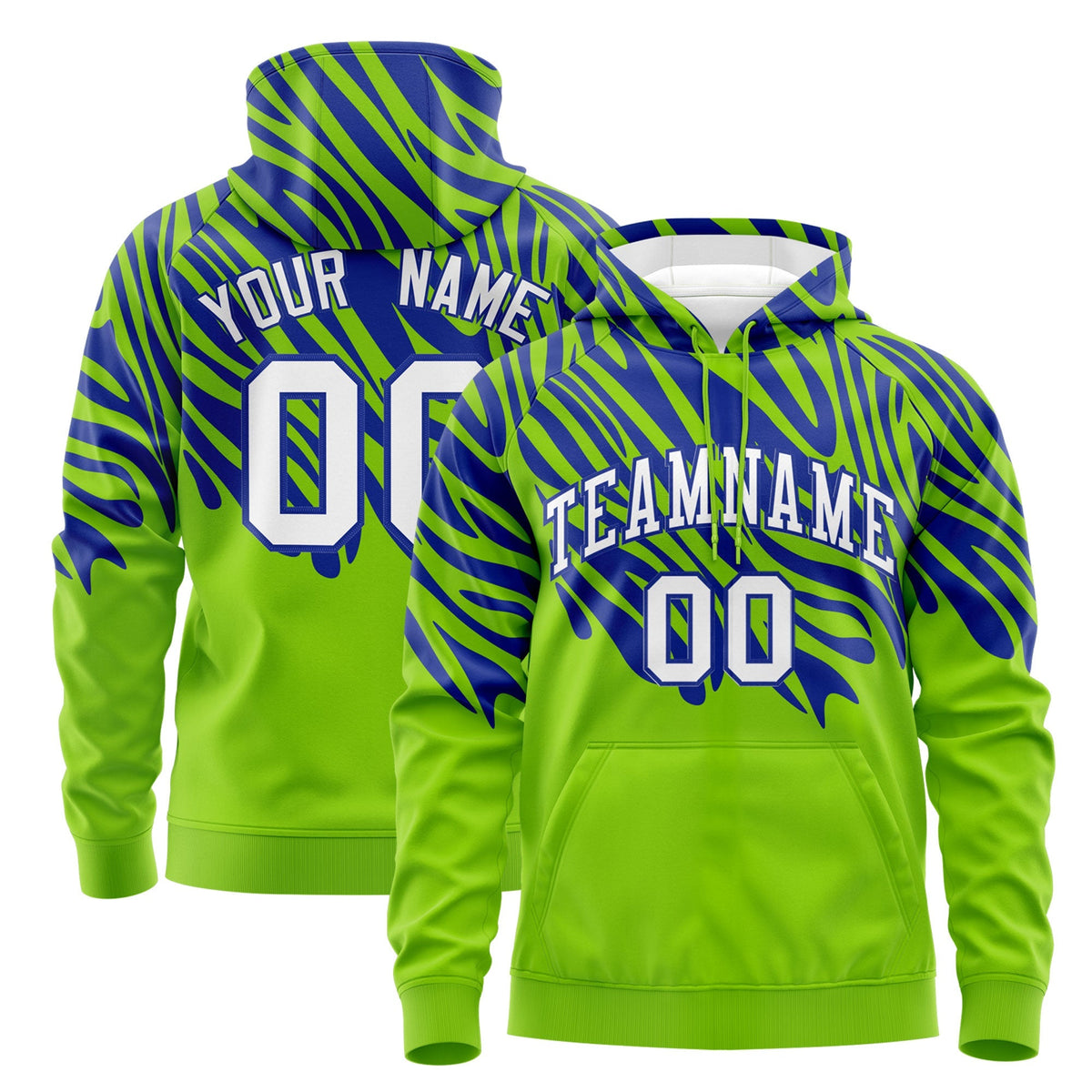 Custom Royal Blue Neon Green Leopard Print Pullover Sweatshirt Hoodie| KXKSHOP
