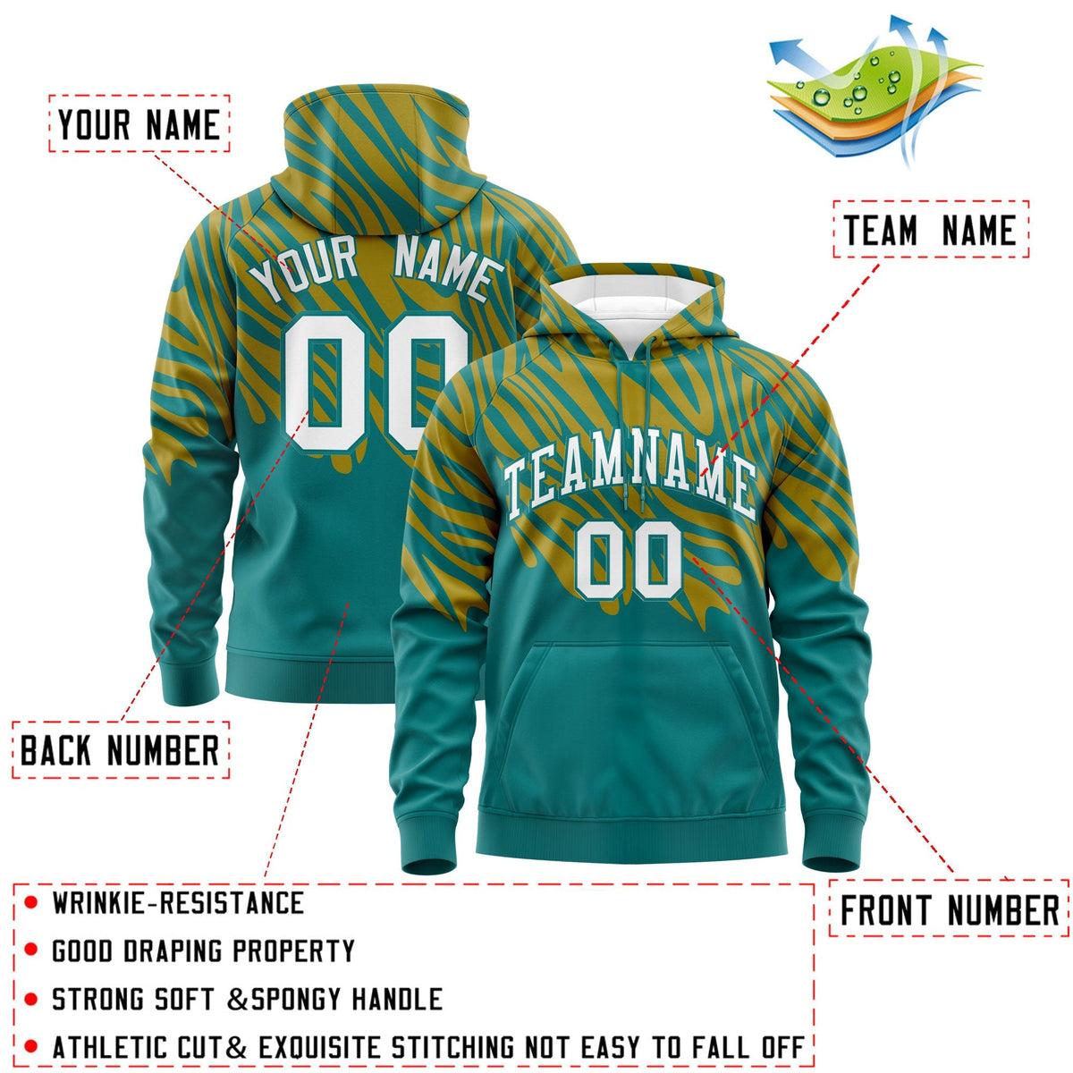 Custom Teal Old Gold Leopard Print Pullover Sweatshirt Hoodie| KXKSHOP