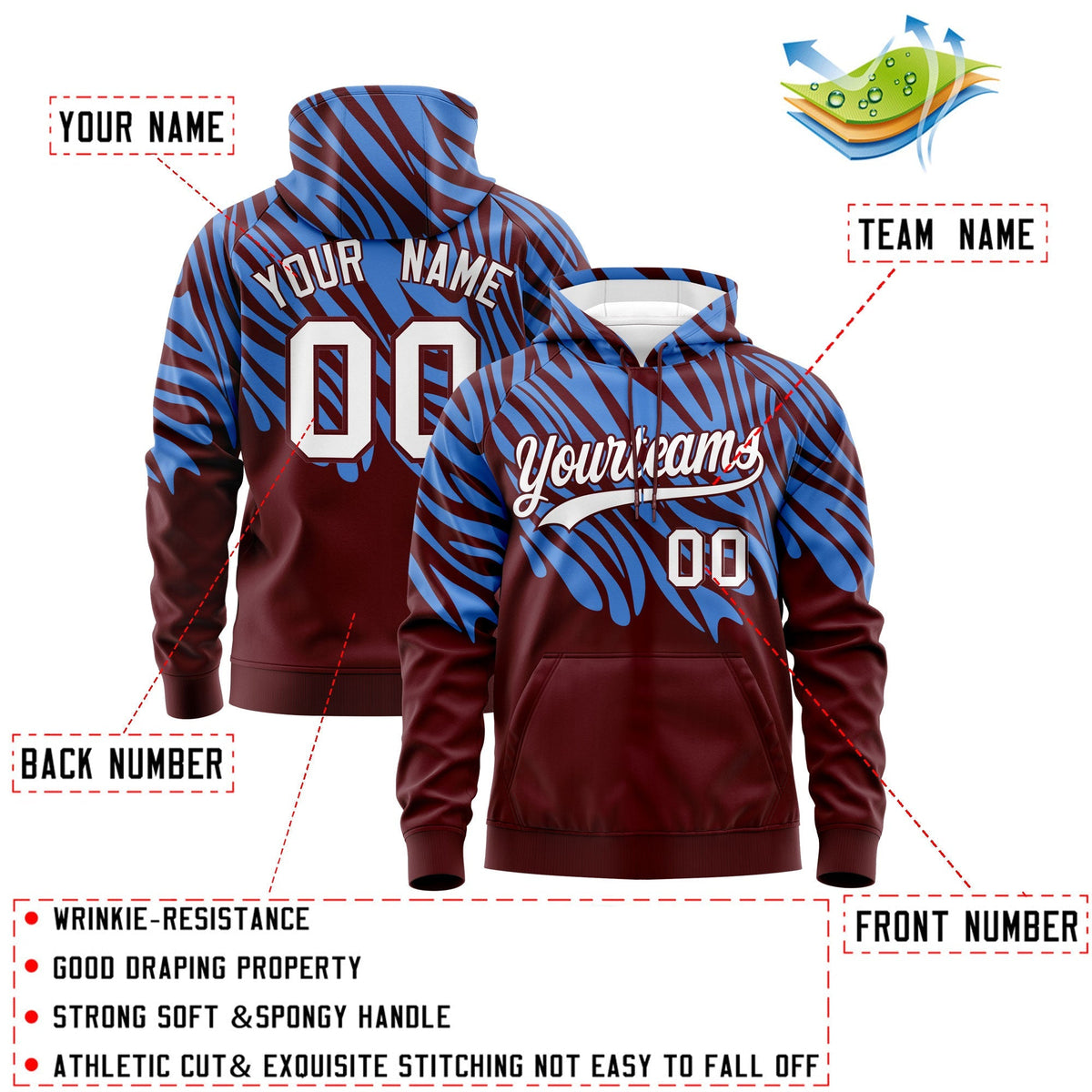 Custom Powder Blue Crimson Leopard Print Pullover Sweatshirt Hoodie| KXKSHOP
