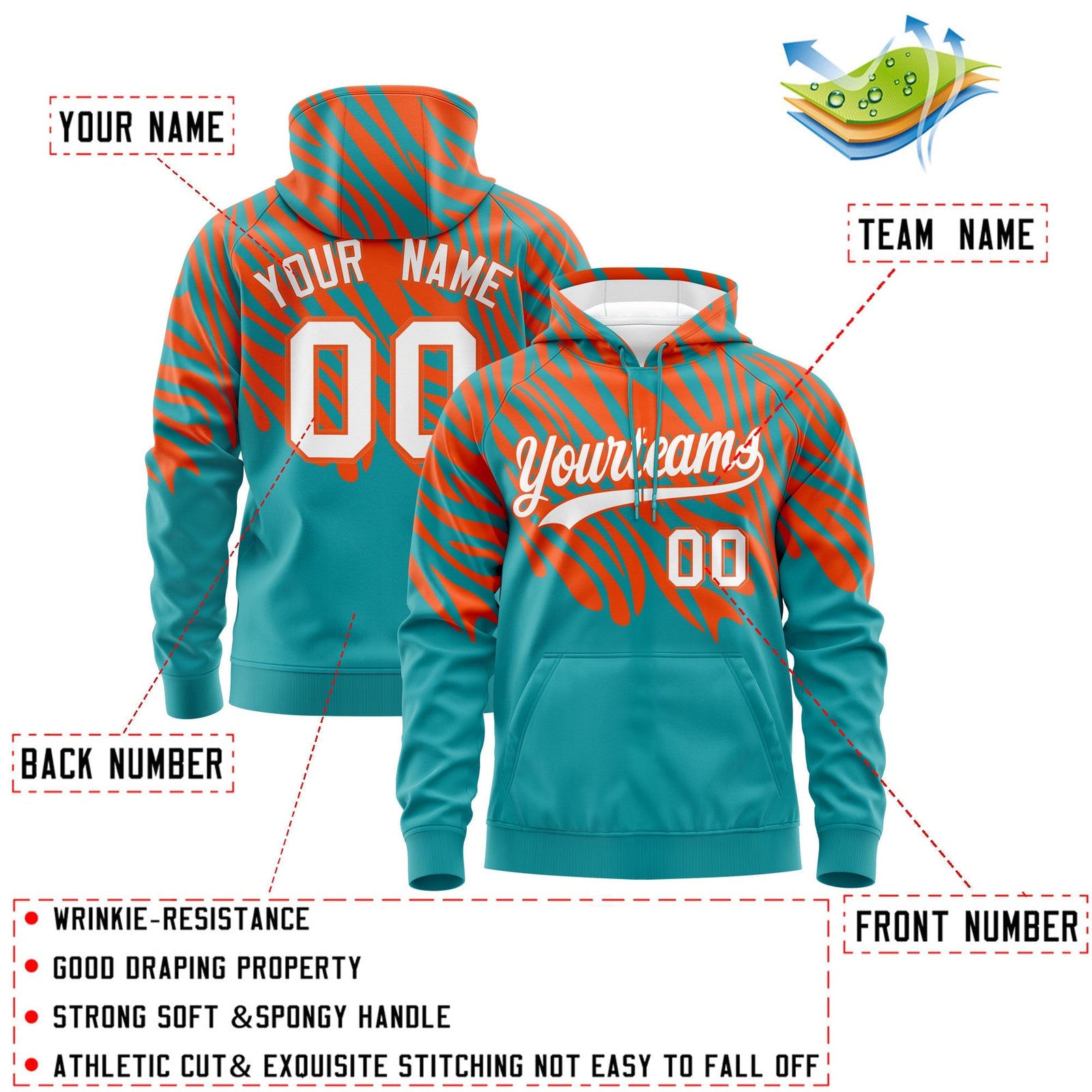 Custom Orange Aqua Leopard Print Pullover Sweatshirt Hoodie| KXKSHOP