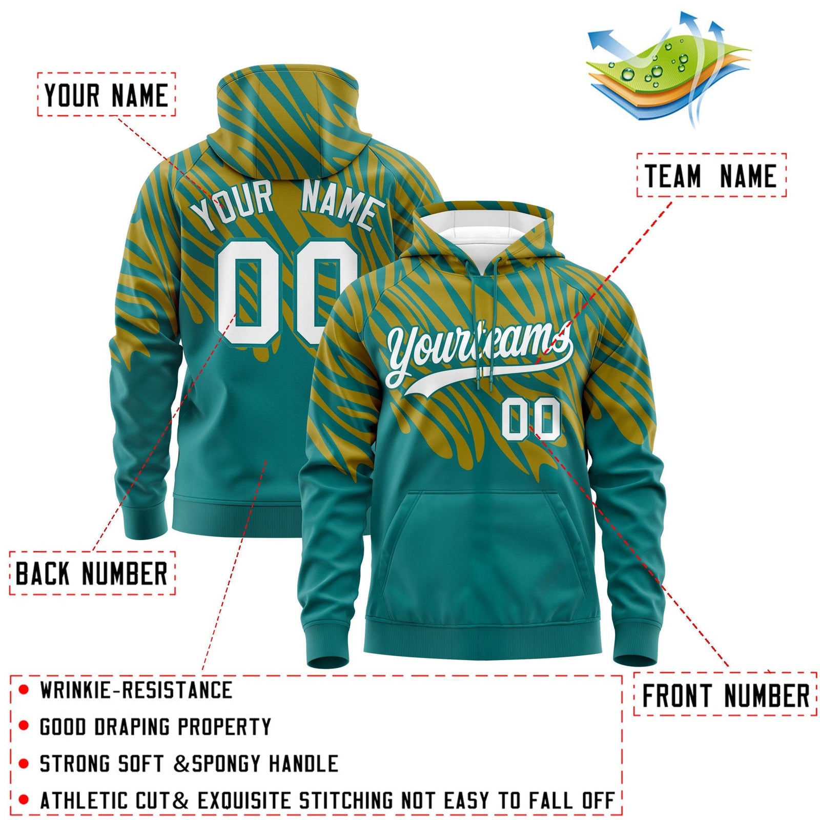 Custom Teal Old Gold Leopard Print Pullover Sweatshirt Hoodie| KXKSHOP