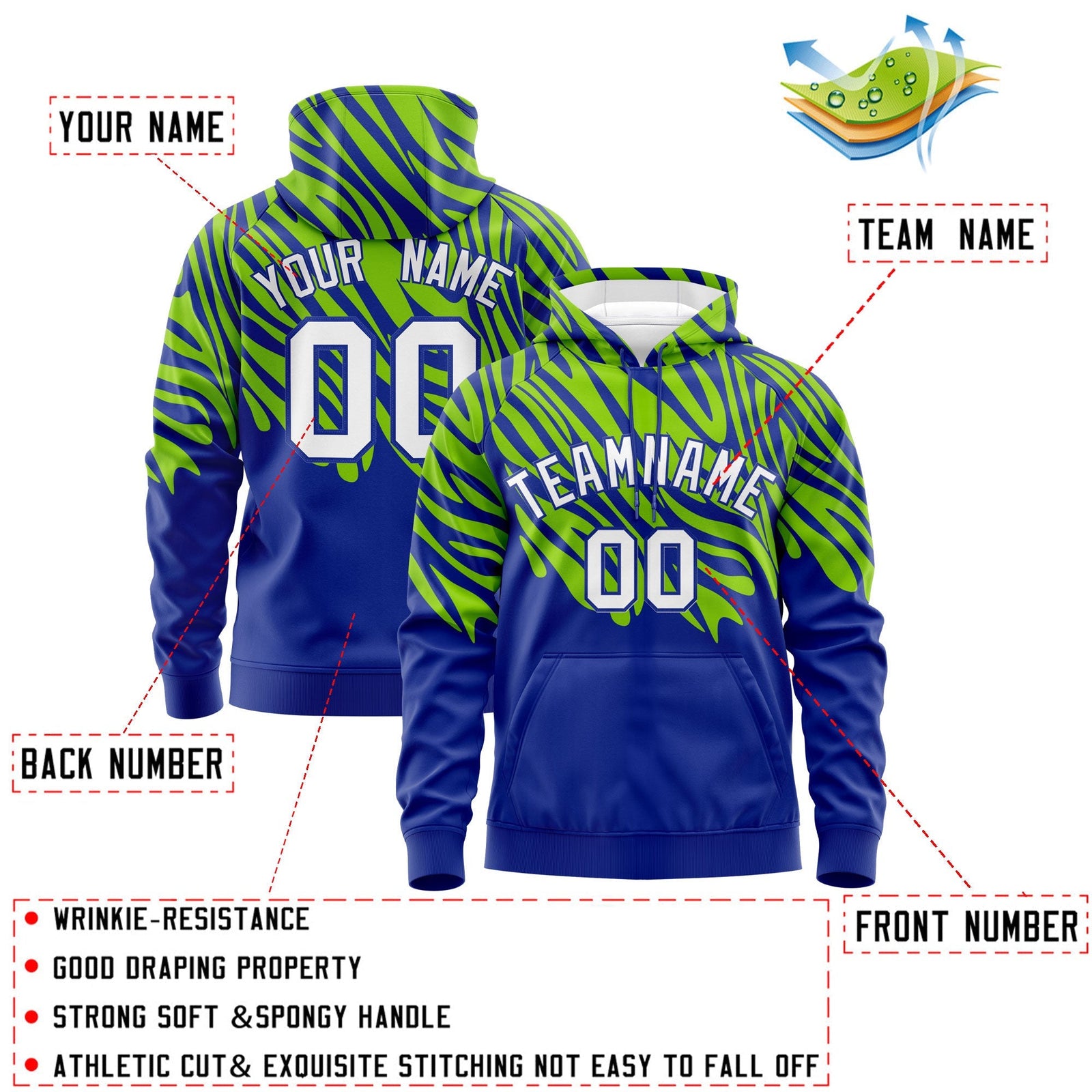 Custom Neon Green Royal Blue Leopard Print Pullover Sweatshirt Hoodie| KXKSHOP