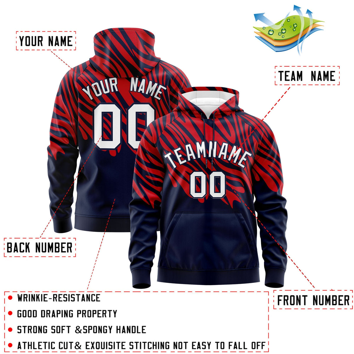 Custom Red Navy Leopard Print Pullover Sweatshirt Hoodie| KXKSHOP