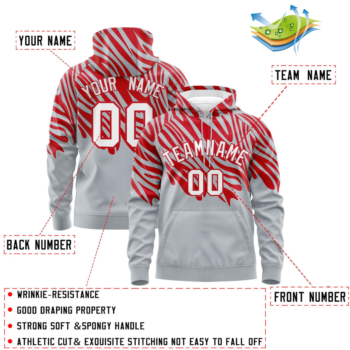 Custom Red Silver Leopard Print Pullover Sweatshirt Hoodie| KXKSHOP