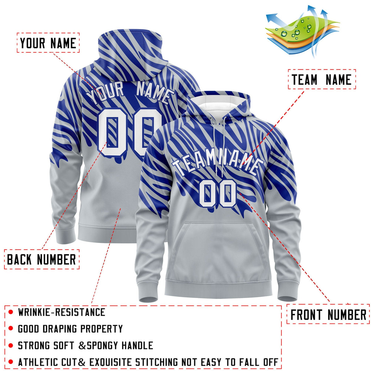 Custom Royal Blue Silver Leopard Print Pullover Sweatshirt Hoodie| KXKSHOP