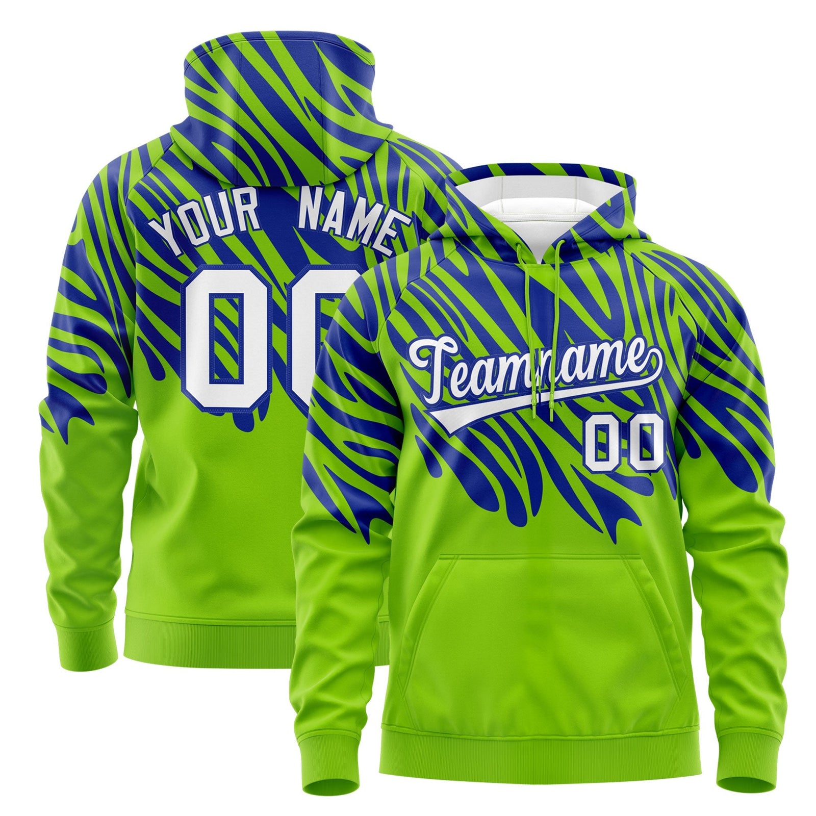Custom Royal Blue Neon Green Leopard Print Pullover Sweatshirt Hoodie| KXKSHOP