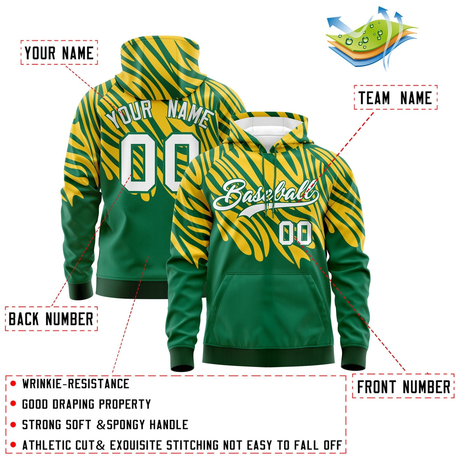 Custom Gold Kelly Green Leopard Print Pullover Sweatshirt Hoodie| KXKSHOP