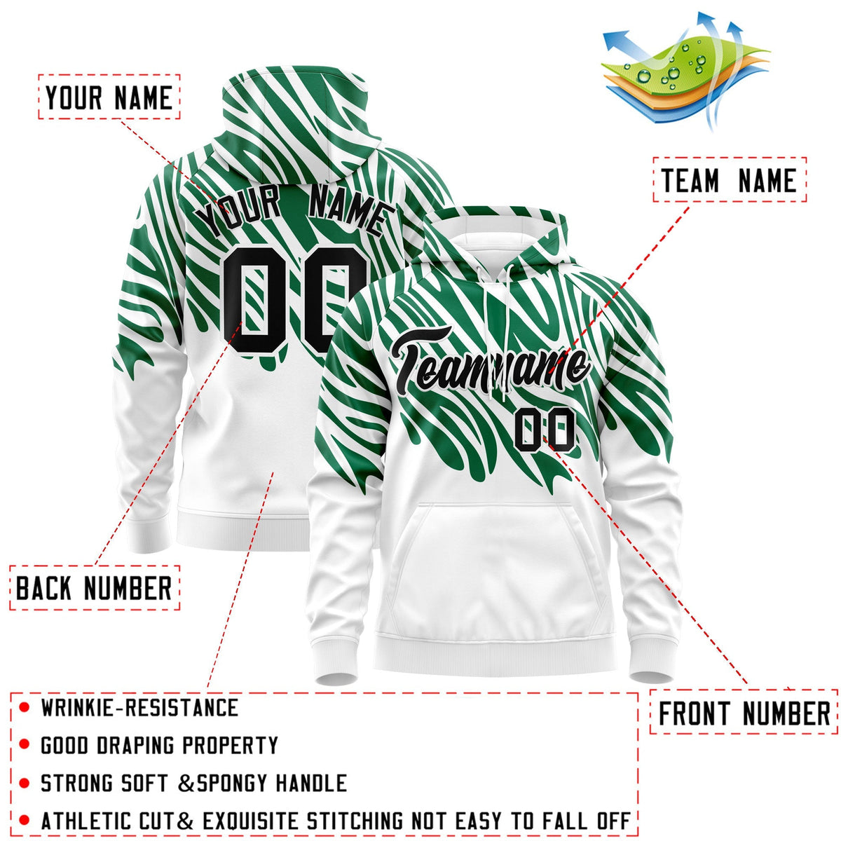 Custom Kelly Green White Black Leopard Print Pullover Sweatshirt Hoodie| KXKSHOP