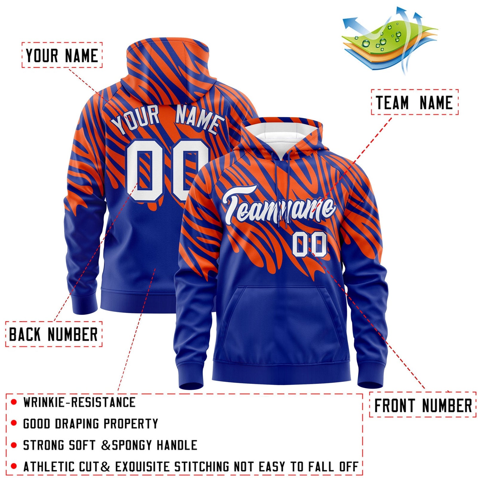 Custom Orange Royal Blue Leopard Print Pullover Sweatshirt Hoodie| KXKSHOP