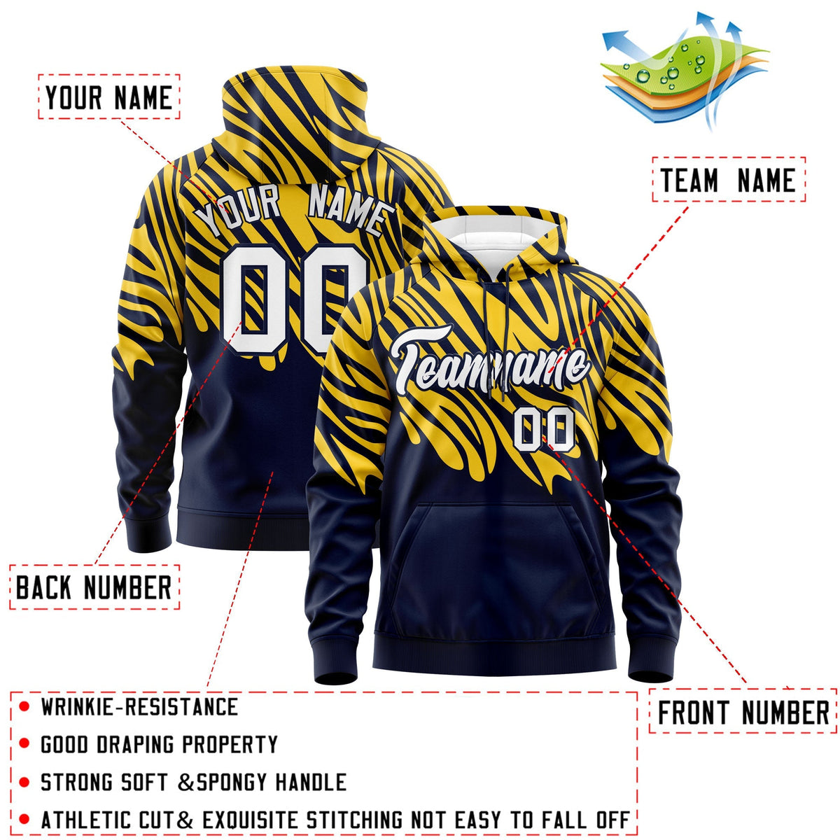 Custom Navy Gold White Leopard Print Pullover Sweatshirt Hoodie| KXKSHOP