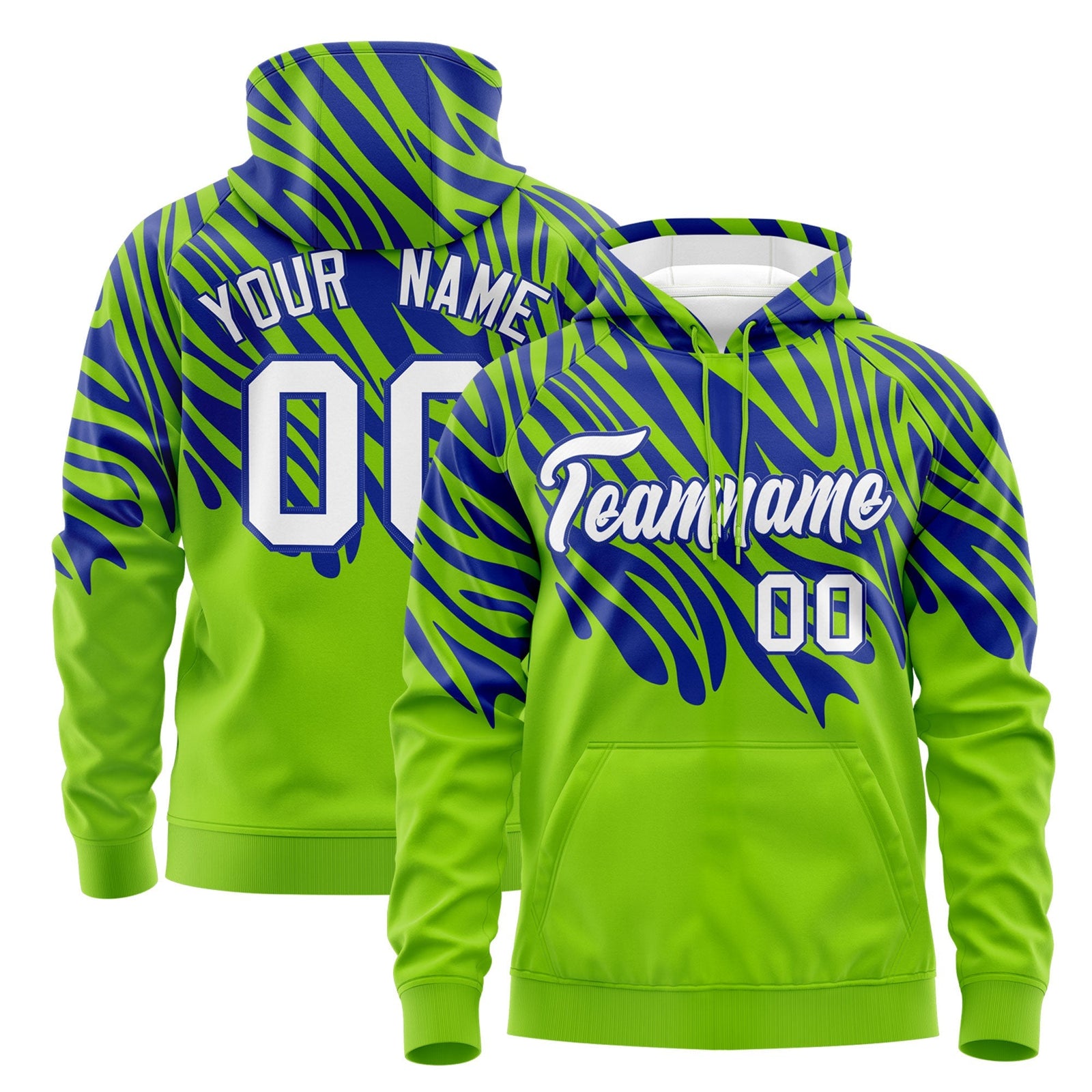 Custom Royal Blue Neon Green Leopard Print Pullover Sweatshirt Hoodie| KXKSHOP