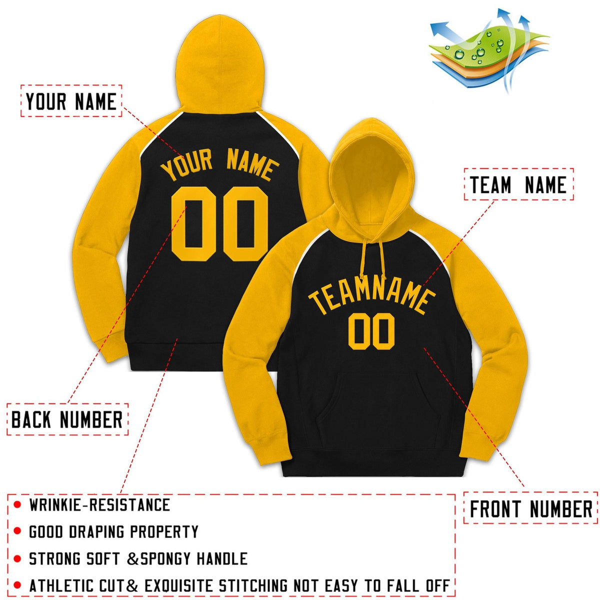 Custom Stitched Sportwear Black Gold Raglan Sleeves Pullover Hoodie