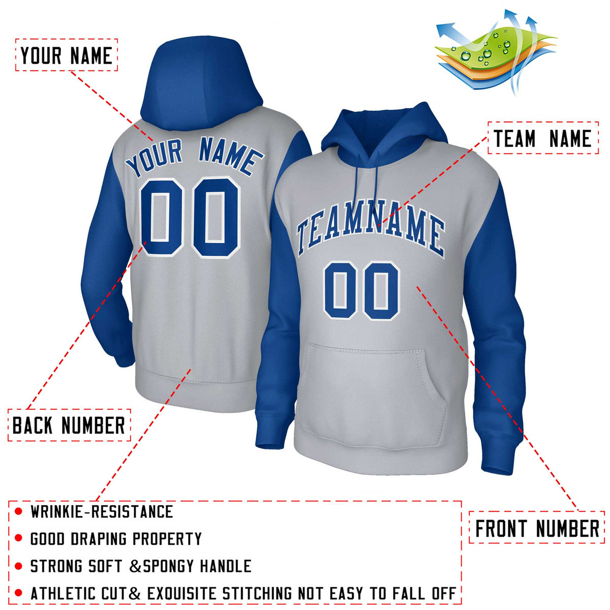 Custom Gray Royal-White Raglan Sleeves Stitched Sportwear Pullover Hoodie