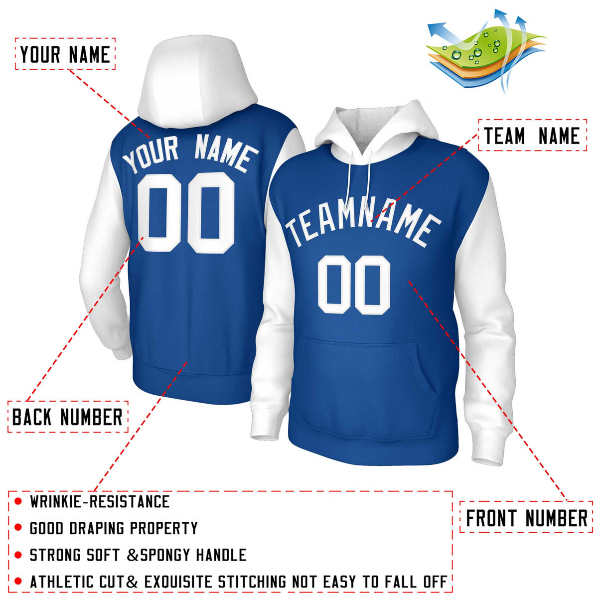 Custom Royal White-Raglan Sleeves Stitched Sportwear Pullover Hoodie