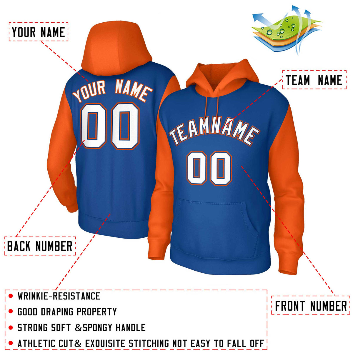 Custom Royal White-Royal Raglan Sleeves Stitched Sportwear Pullover Hoodie