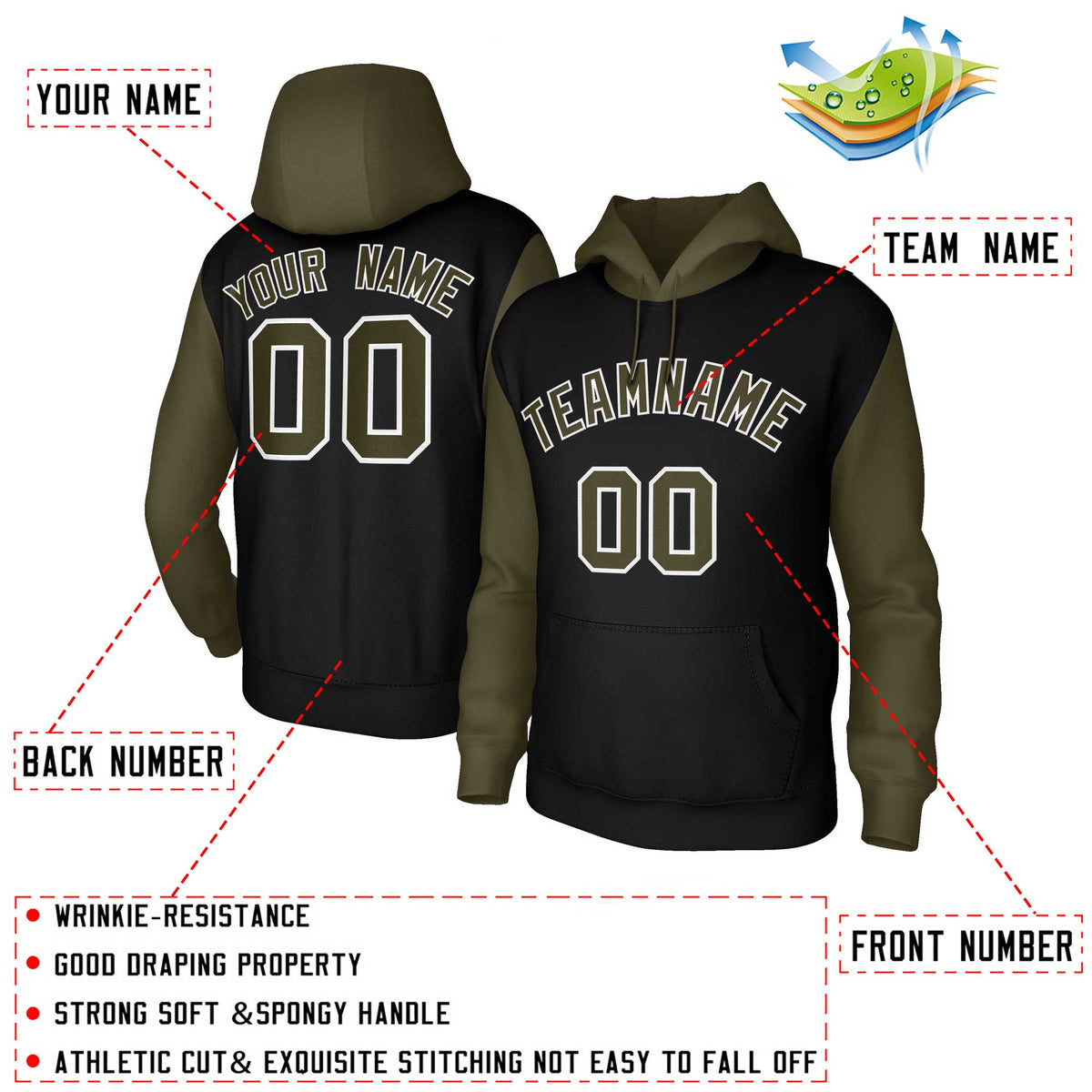 Custom Black Green-White Raglan Sleeves Stitched Sportwear Pullover Hoodie