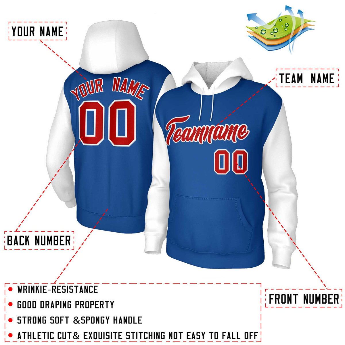 Custom Royal Red-White Raglan Sleeves Stitched Sportwear Pullover Hoodie