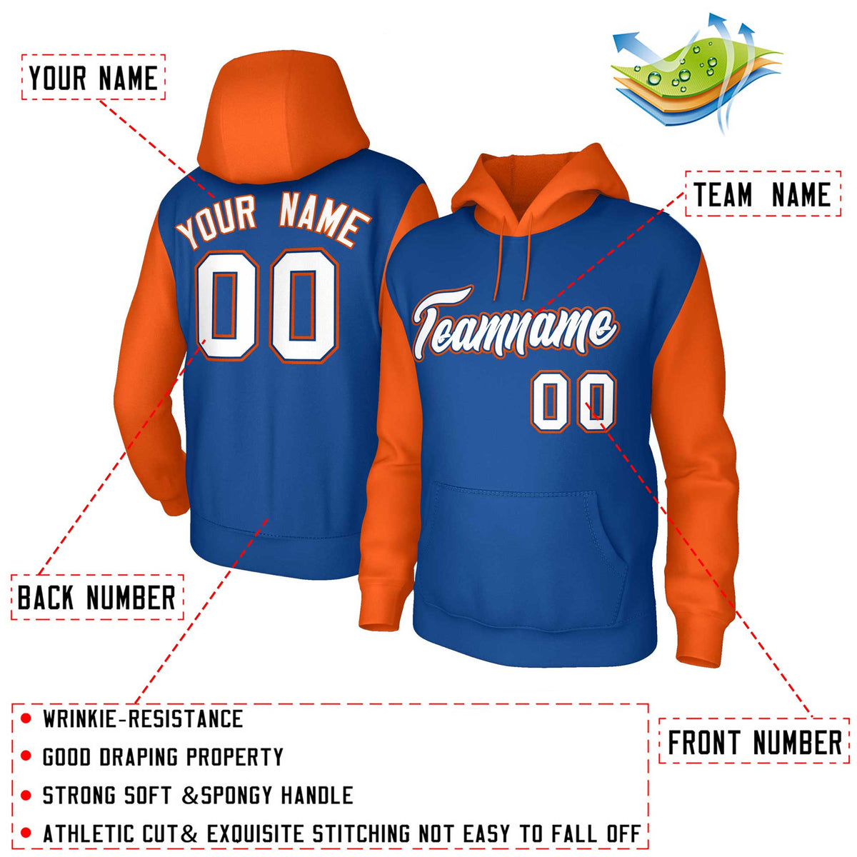 Custom Royal White-Royal Raglan Sleeves Stitched Sportwear Pullover Hoodie