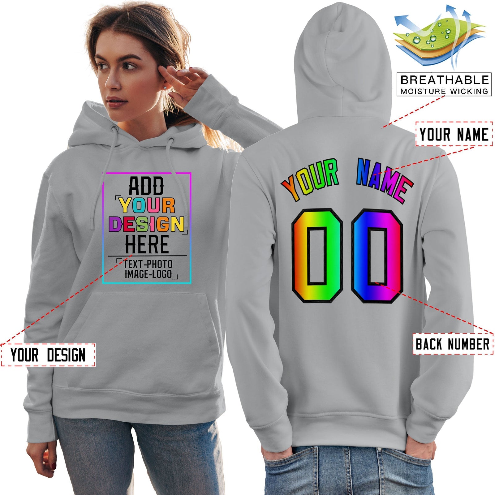 Custom Gray Personalized Rainbow Color Font Team Pullover Sweatshirt Hoodie
