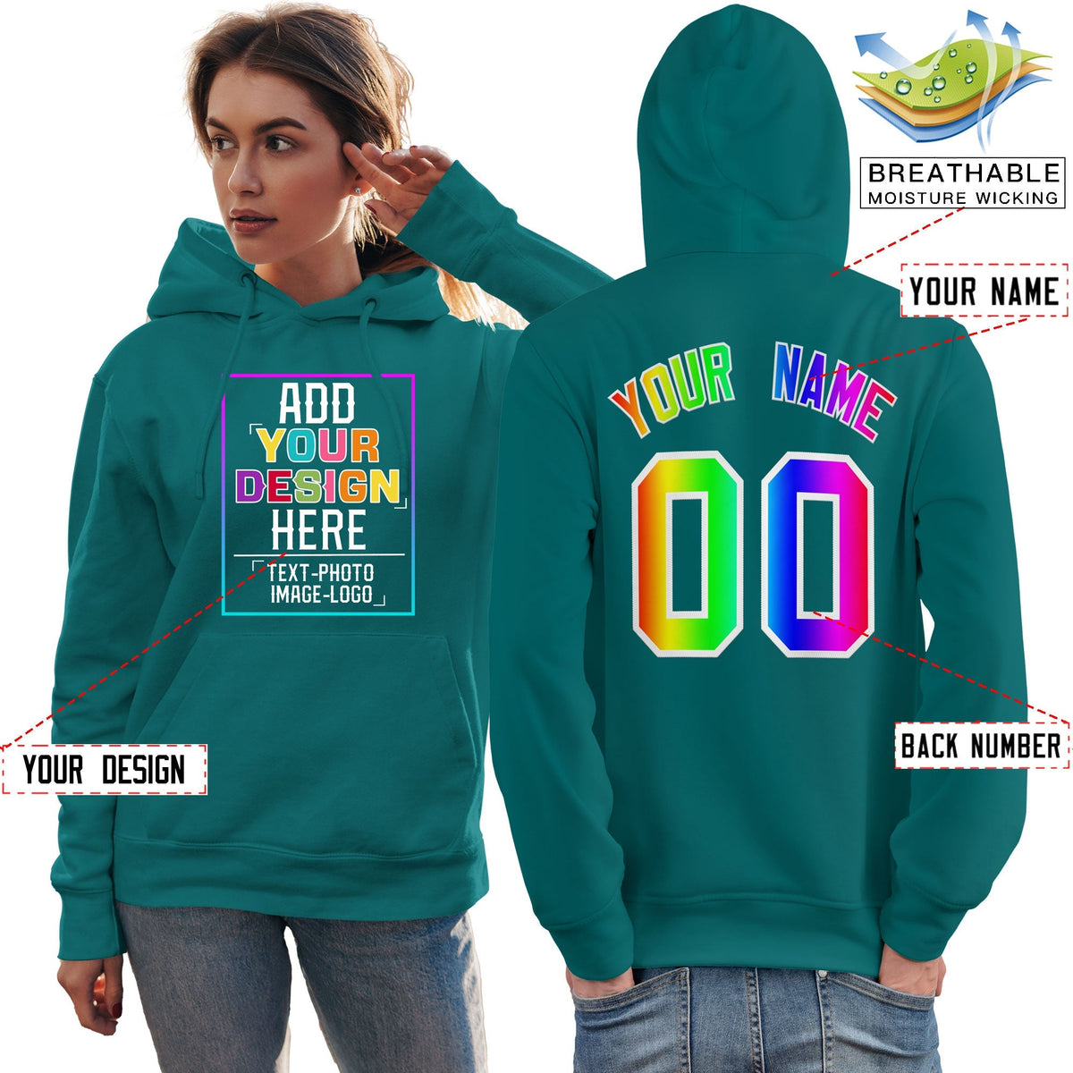 Custom Aqua Personalized Rainbow Color Font Team Pullover Sweatshirt Hoodie
