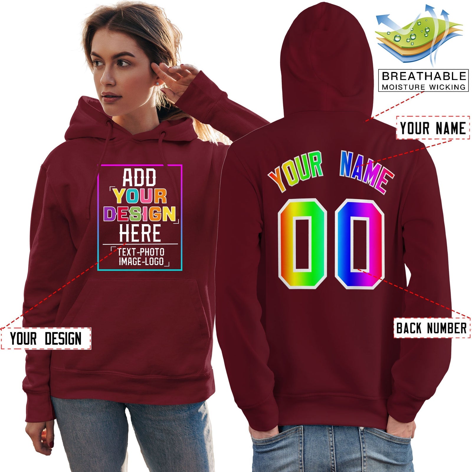 Custom Crimson Personalized Rainbow Color Font Team Pullover Sweatshirt Hoodie