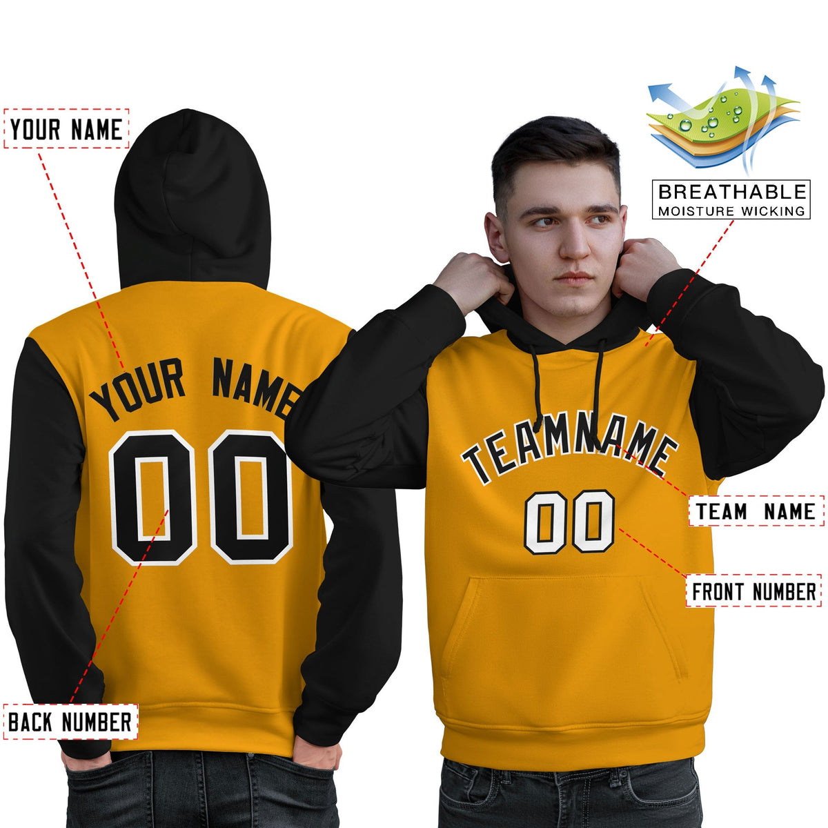 Custom Gold Black-White Raglan Sleeves Pullover Personalized Sweatshirt Hoodie