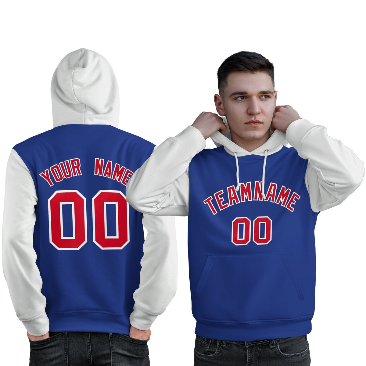 Custom Royal Red-White Raglan Sleeves Pullover Personalized Sweatshirt Hoodie