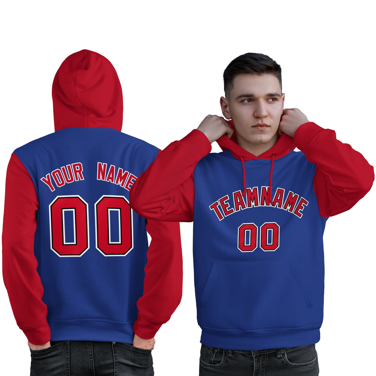 Custom Royal Red-White Raglan Sleeves Pullover Personalized Sweatshirt Hoodie