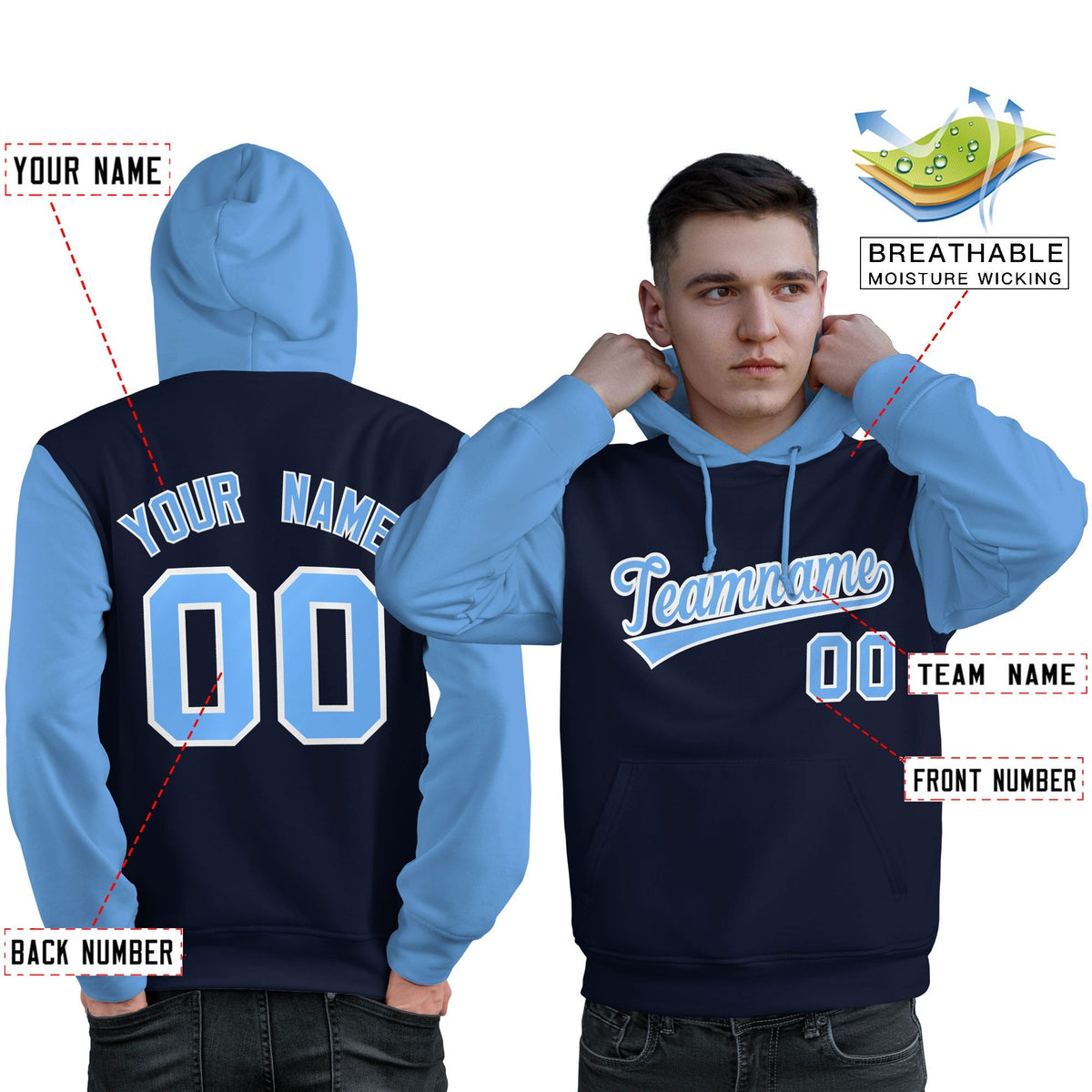 Custom Navy Lt Blue-White Raglan Sleeves Pullover Personalized Sweatshirt Hoodie
