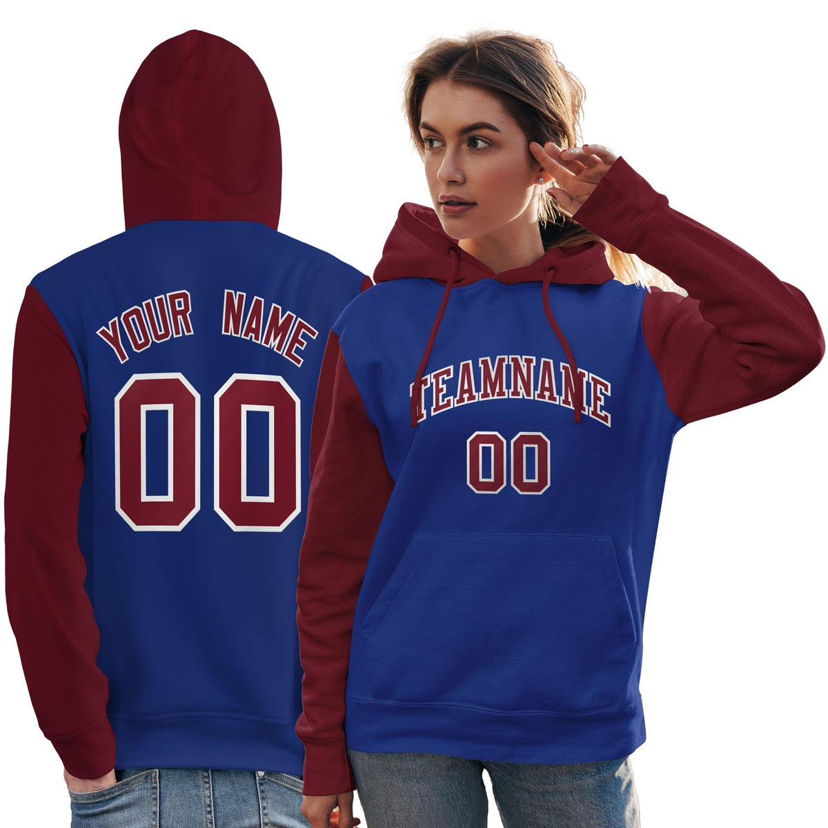 Custom Royal Crimson-White Raglan Sleeves Pullover Personalized Team Sweatshirt Hoodie