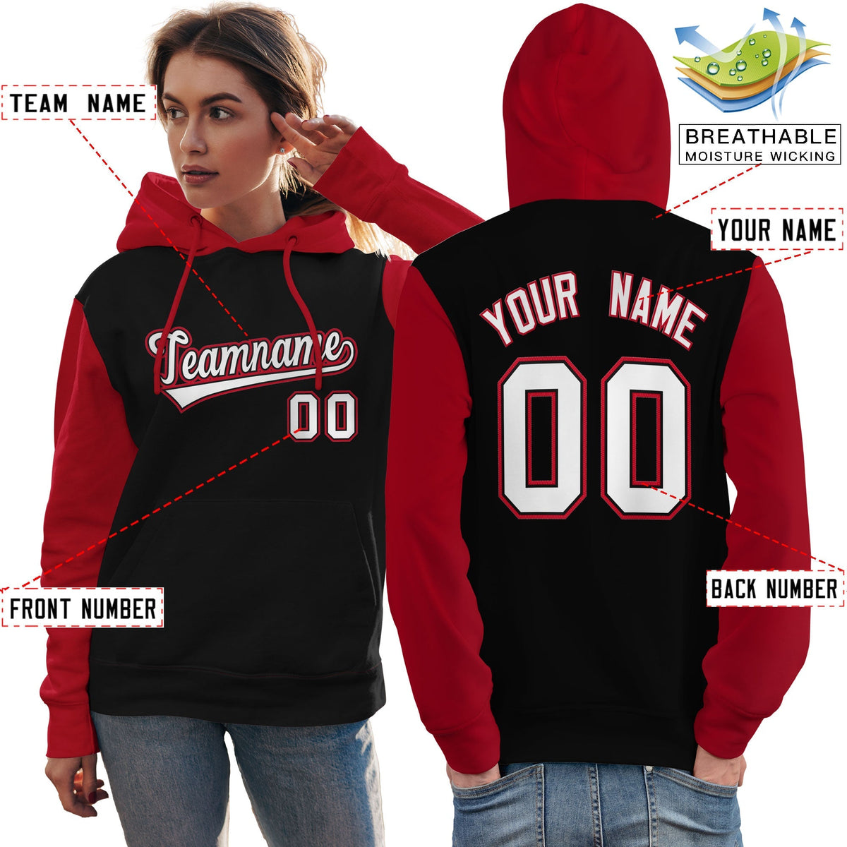 Custom Black White-Red Raglan Sleeves Pullover Personalized Team Sweatshirt Hoodie