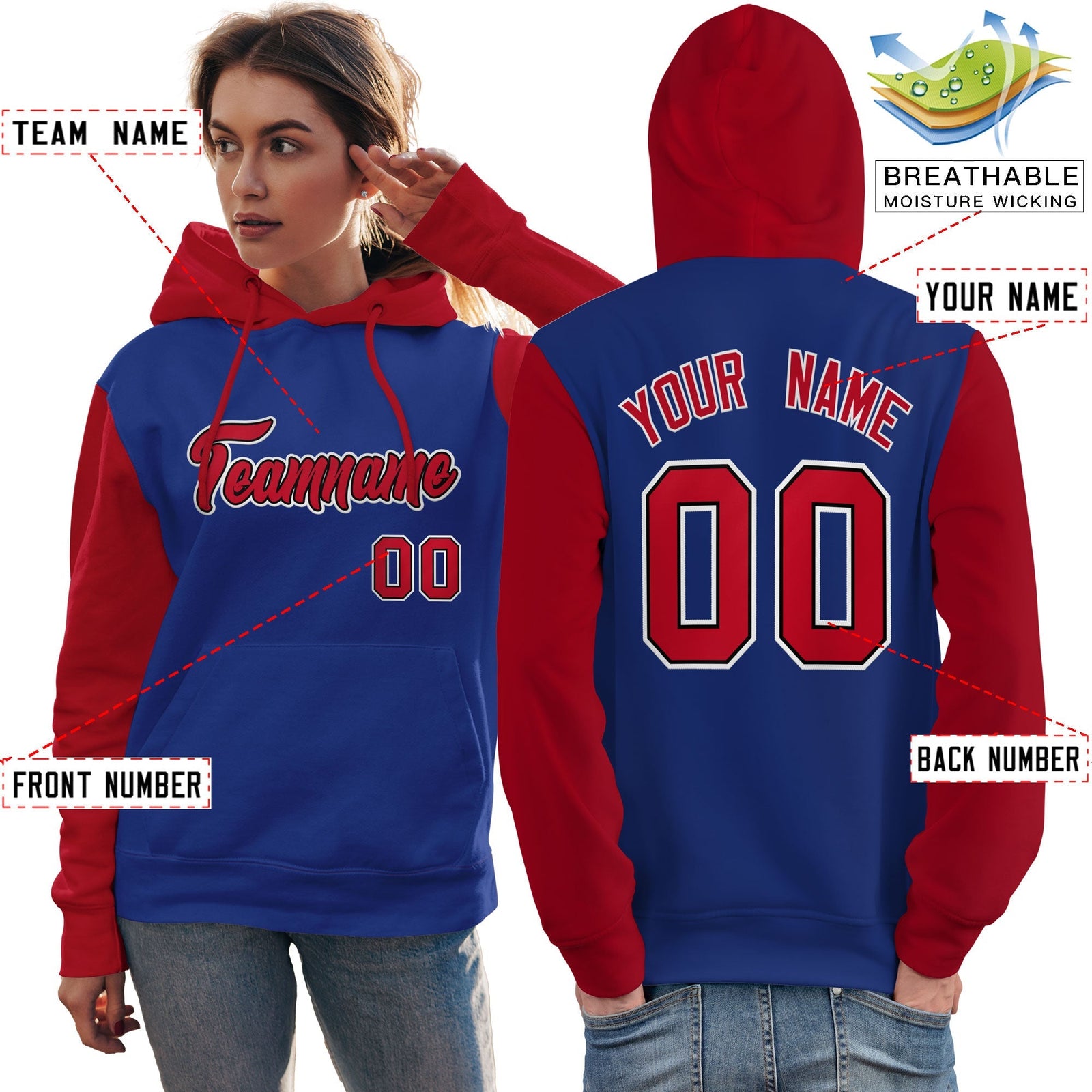 Custom Royal Red-White Raglan Sleeves Pullover Personalized Team Sweatshirt Hoodie
