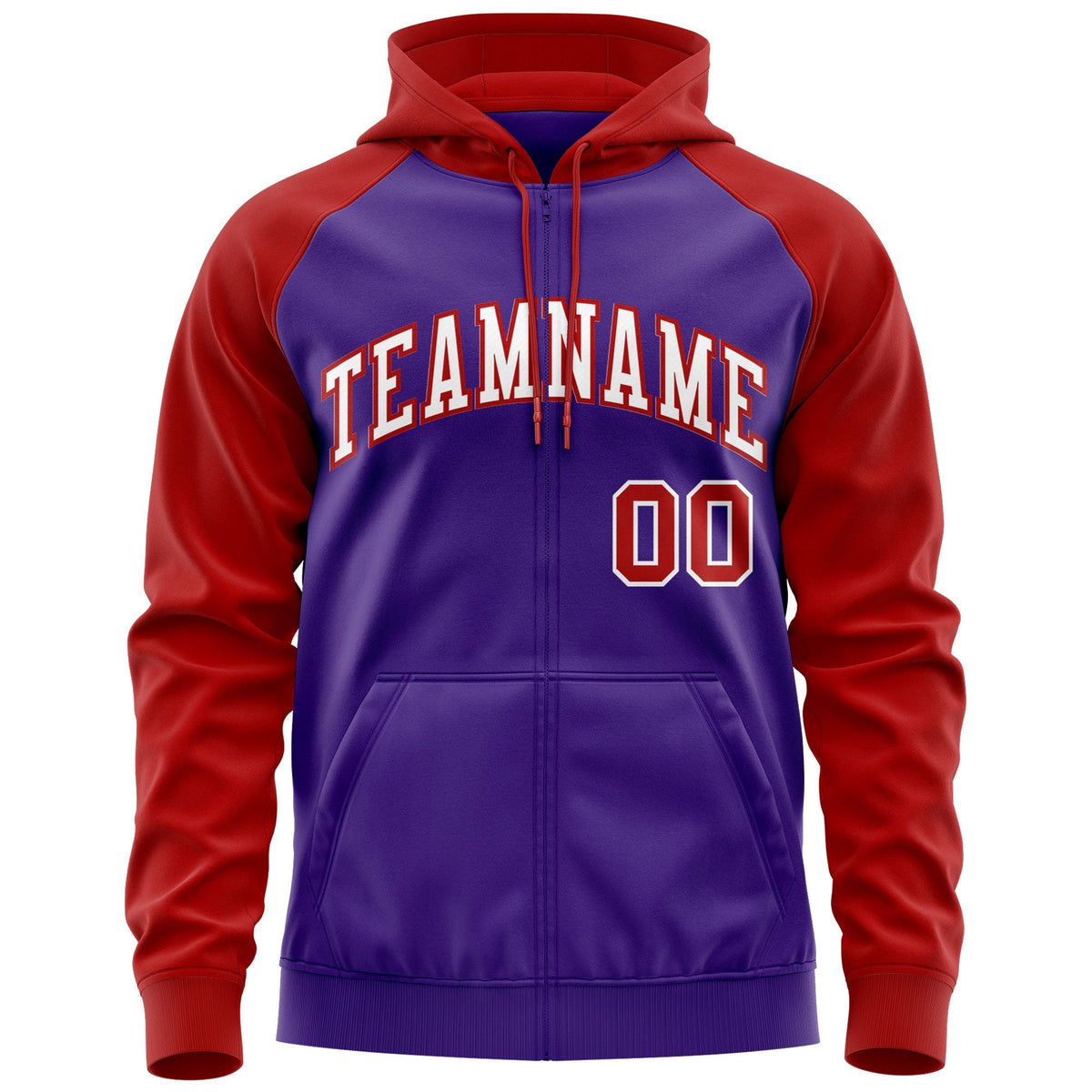 Custom Stitched Purple White-Red Raglan Sleeves Sports Full-Zip Sweatshirt Hoodie
