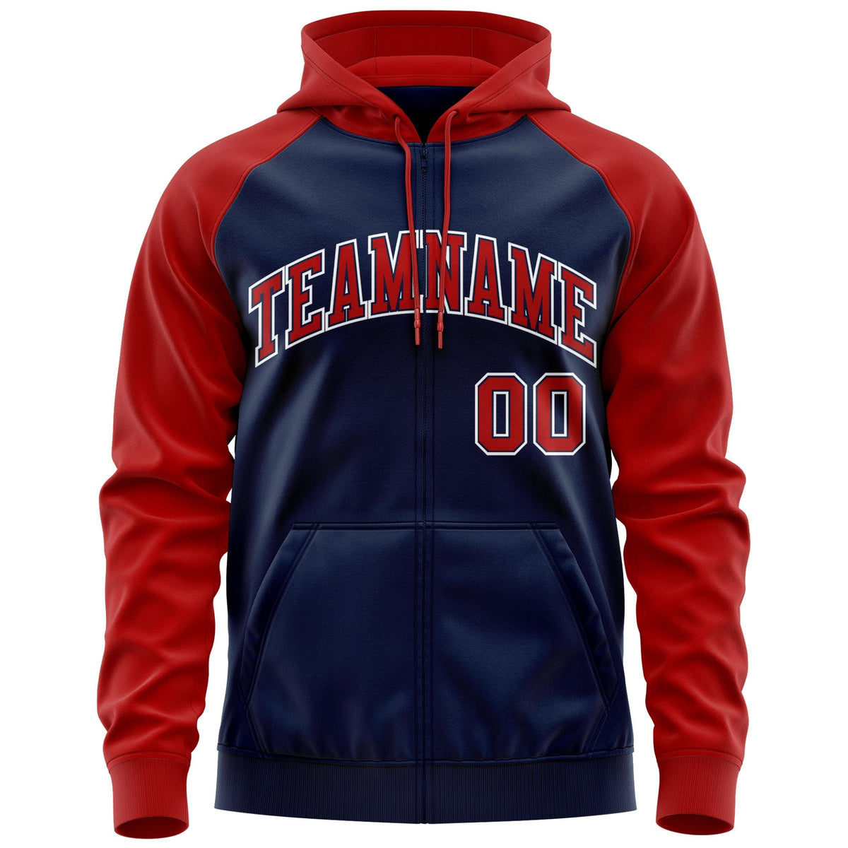 Custom Stitched Navy Red-White Raglan Sleeves Sports Full-Zip Sweatshirt Hoodie