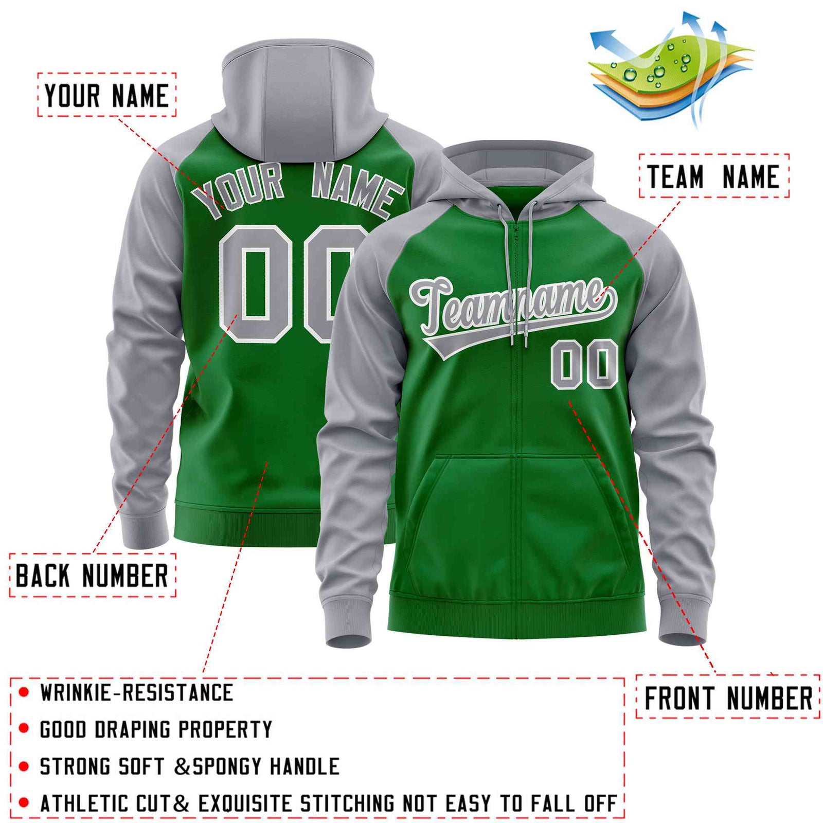 Custom Stitched Kelly Green Light Gray Raglan Sleeves Sports Full-Zip Sweatshirt Hoodie
