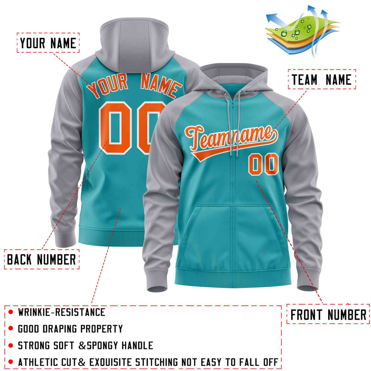 Custom Stitched Aqua Light Gray-Orange Raglan Sleeves Sports Full-Zip Sweatshirt Hoodie