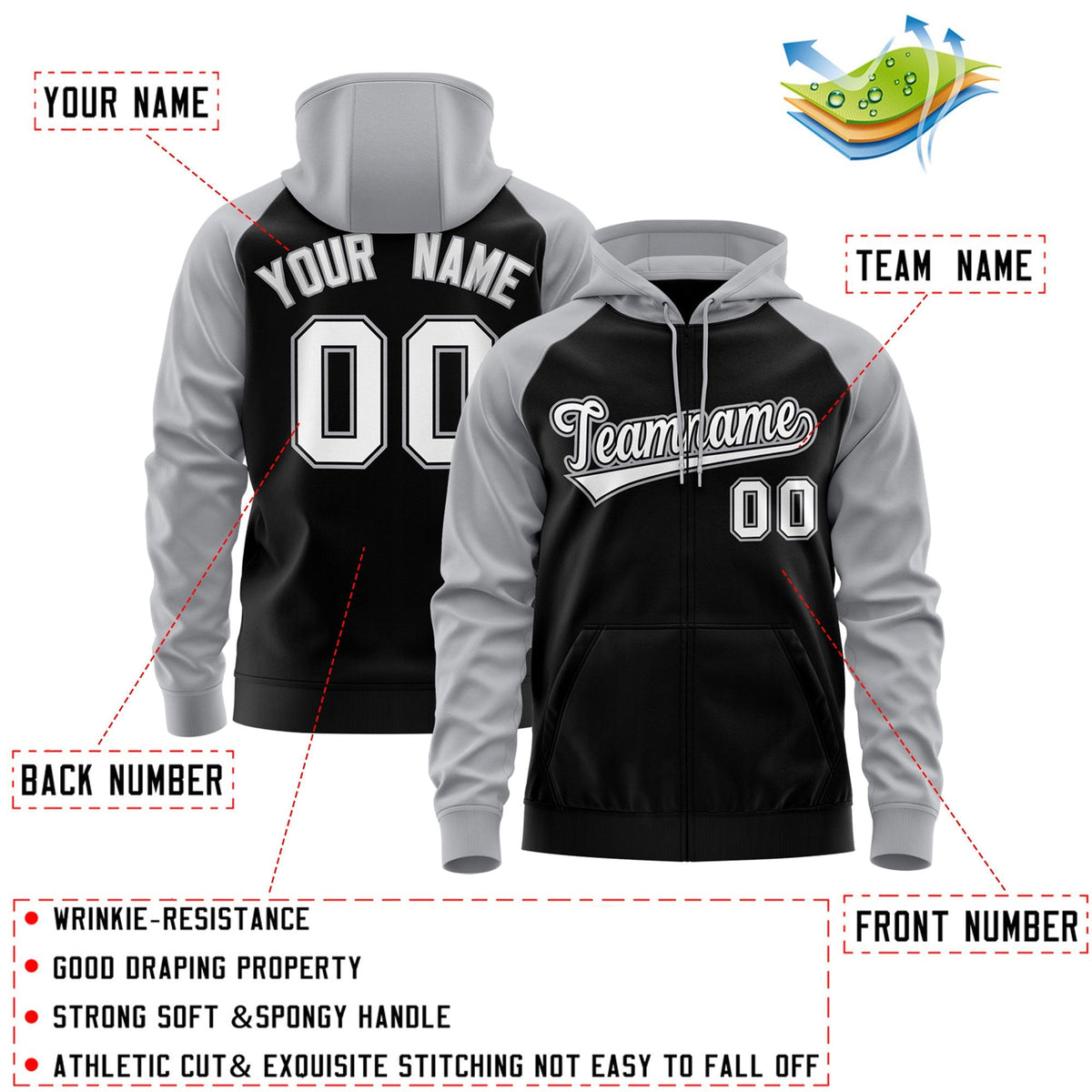 Custom Stitched Black White-Gray Raglan Sleeves Sports Full-Zip Sweatshirt Hoodie