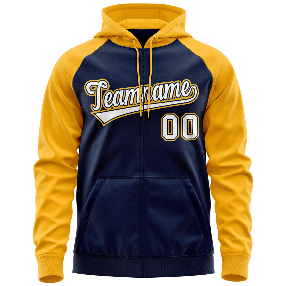 Custom Stitched Navy White-Gold Raglan Sleeves Sports Full-Zip Sweatshirt Hoodie