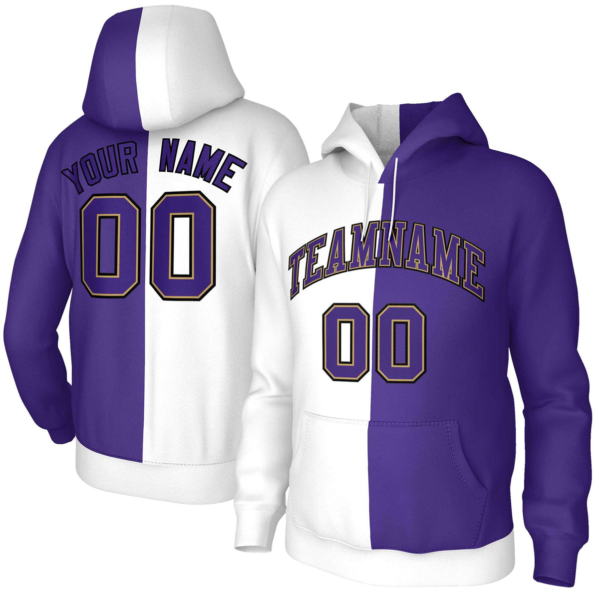 Custom White Purple Purple-Old Gold Split Fashion Stitched Sportwear Pullover Hoodie